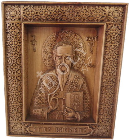 Saint Basil icon, Handmade Hand Carved Wooden Greek Orthodox icon of Basil the Great, Byzantine art wall hanging of St Basil of Caesarea on wood plaque - TheHolyArt