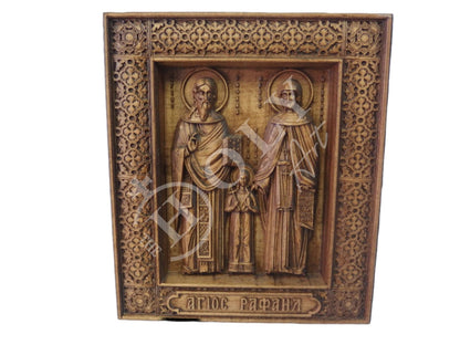 Saint Raphael Saint Nicholas Saint Irene icon Lesvos, Byzantine art wall hanging, Handmade Hand Carved Wooden Greek Orthodox icon wood plaque, religious gift - TheHolyArt