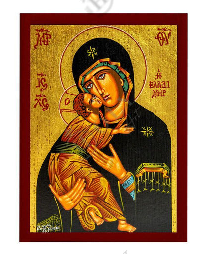 Virgin Mary icon Panagia Vladimir, Handmade Greek Orthodox Icon Mother of God Byzantine art Theotokos wall hanging wood plaque th2 - TheHolyArt
