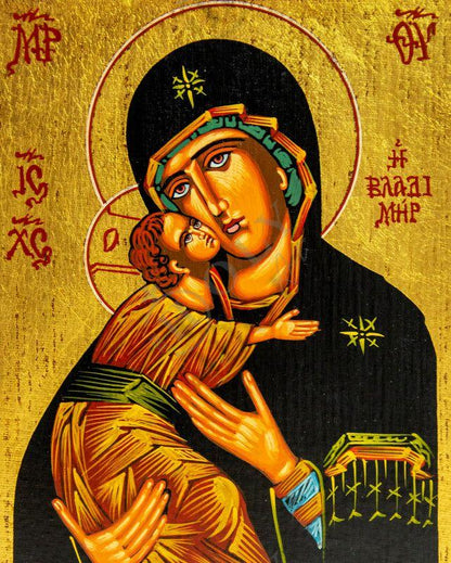 Virgin Mary icon Panagia Vladimir, Handmade Greek Orthodox Icon Mother of God Byzantine art Theotokos wall hanging wood plaque th2 - TheHolyArt