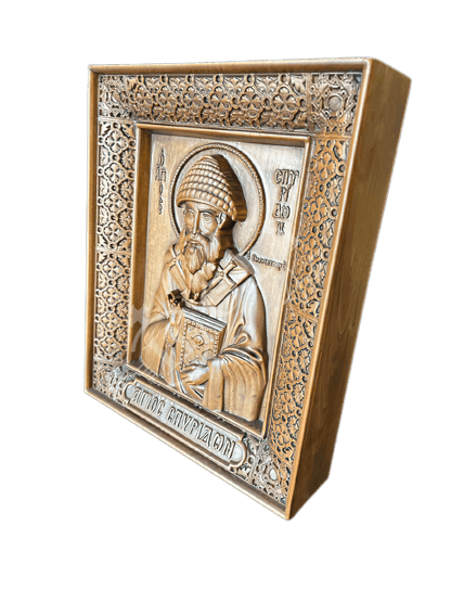 Saint Spyridon icon, Handmade Hand Carved Wooden Greek Orthodox icon of St Spyridon, Byzantine art wall hanging icon on wood plaque, religious decor - TheHolyArt