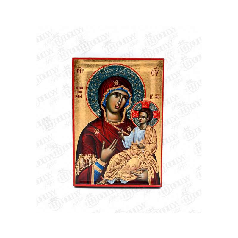 Panagia Panton Chara Orthodox icon, Joy of All Who Sorrow, gold serigraphy on canvas, the Theotokos with the Christ-child