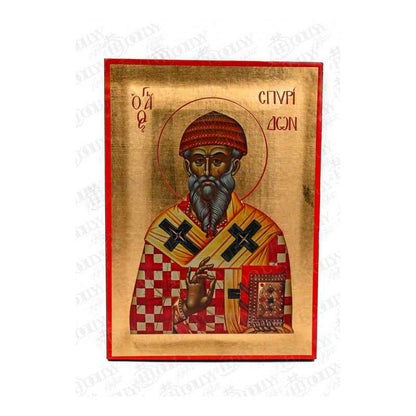 Saint Spyridon Orthodox icon, gold-leaf serigraphy on canvas, bishop in woven shepherd's hat, patron of Corfu