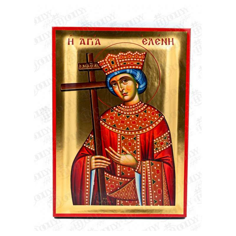 Saint Helen Orthodox icon, gold-leaf serigraphy on canvas, crowned empress holding the True Cross