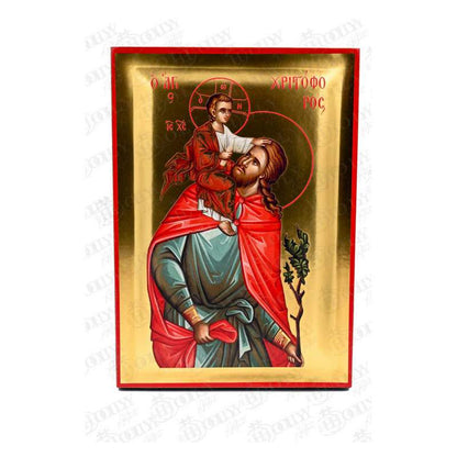 Saint Christopher Orthodox icon, gold-leaf serigraphy on canvas, the Great Martyr and Christ-bearer, patron of travellers