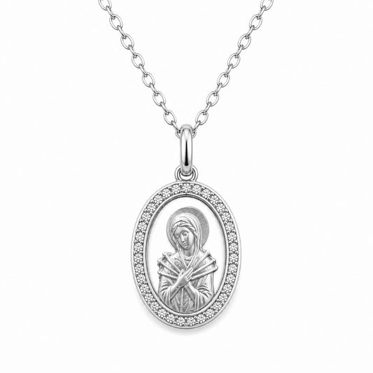 Virgin Mary Oval Medallion with Zircons Necklace - TheHolyArt