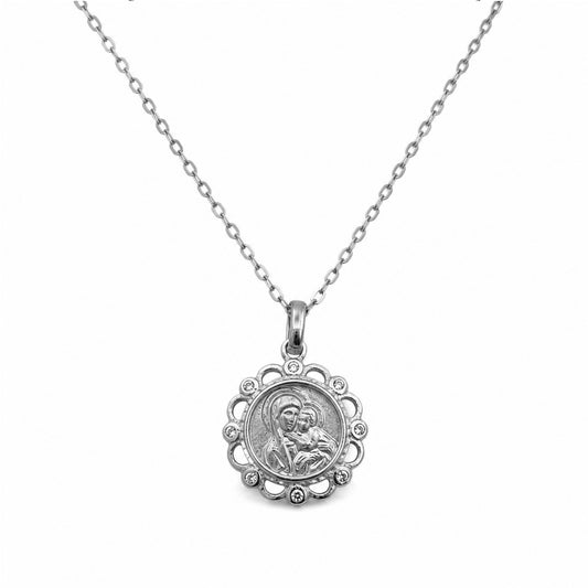 Virgin Mary Round Scalloped Medallion Necklace - TheHolyArt