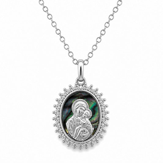 Virgin Mary Medallion with Green Mother of Pearl Necklace - TheHolyArt