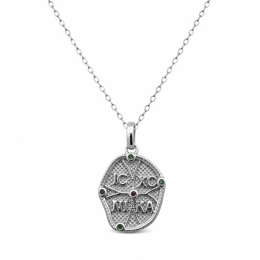 Constantinato Medallion with Green Stones Necklace - TheHolyArt