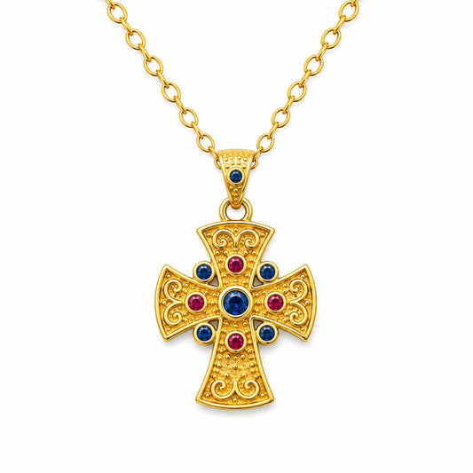 Byzantine Cross Blue Stones Necklace - TheHolyArt
