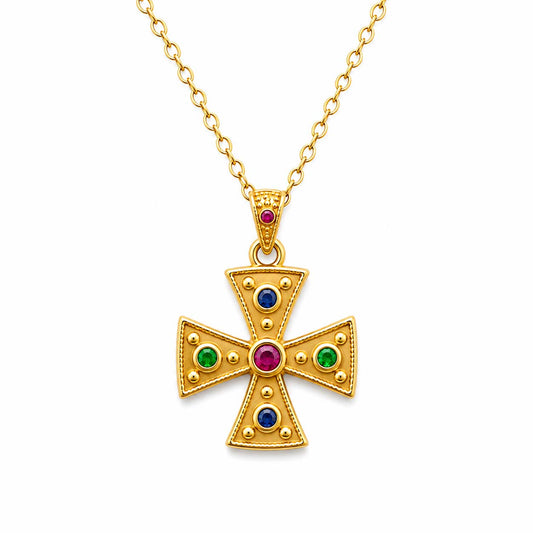 Byzantine Cross Green Stones Necklace - TheHolyArt