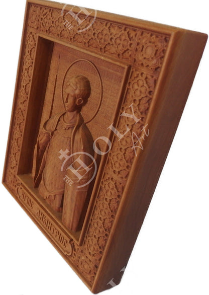 Saint Demetrius icon, Handmade Hand Carved Wooden Greek Orthodox icon of St Demetrios, Byzantine art wall hanging icon on wood plaque, religious decor - TheHolyArt