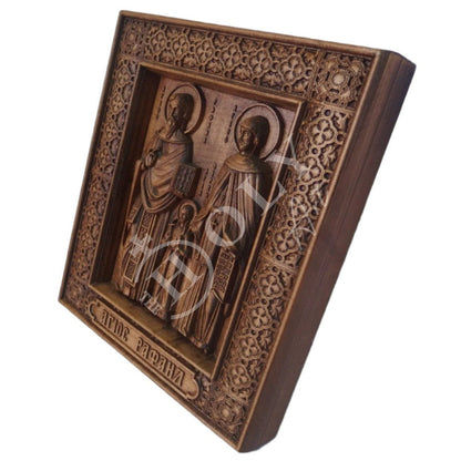 Saint Raphael Saint Nicholas Saint Irene icon Lesvos, Byzantine art wall hanging, Handmade Hand Carved Wooden Greek Orthodox icon wood plaque, religious gift - TheHolyArt
