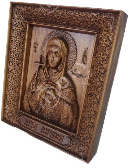 Saint Irene Chrysovalantou icon, Handmade Hand Carved Wooden Greek Orthodox icon of St Irene, Byzantine art wall hanging on wood plaque, religious decor gift - TheHolyArt