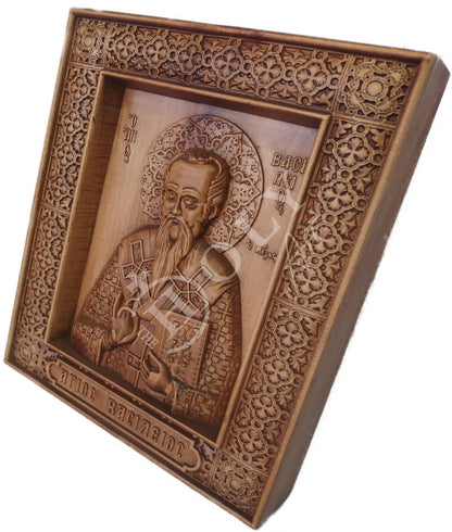 Saint Basil icon, Handmade Hand Carved Wooden Greek Orthodox icon of Basil the Great, Byzantine art wall hanging of St Basil of Caesarea on wood plaque - TheHolyArt