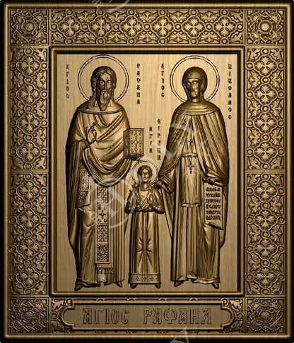 Saint Raphael Saint Nicholas Saint Irene icon Lesvos, Byzantine art wall hanging, Handmade Hand Carved Wooden Greek Orthodox icon wood plaque, religious gift - TheHolyArt