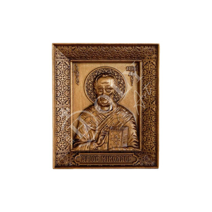 Saint Nicholas icon, Handmade Hand Carved Wooden Christian Greek Orthodox icon of St Nick, Hand Carved Byzantine art wall hanging icon on wood plaque, religious gift (TH2) - TheHolyArt