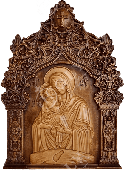 Virgin Mary of Potsaef icon Panagia, Handmade Hand Carved Wooden Greek Orthodox Icon of Theotokos, Mother of God Byzantine art wall hanging wood plaque - TheHolyArt