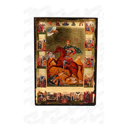 Saint Demetrios vita icon on red horse with scenes from his life, gold-leaf serigraphy on canvas