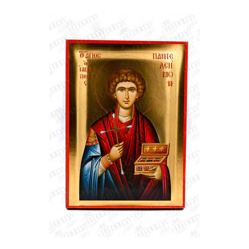Saint Panteleimon Orthodox icon, gold-leaf serigraphy on canvas, Great Martyr and Unmercenary Healer with medicine box