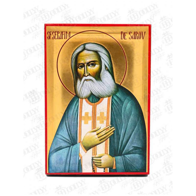 Saint Seraphim of Sarov Orthodox icon, gold-leaf serigraphy on canvas, Russian ascetic elder with prayer rope