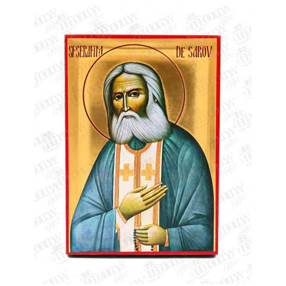 Saint Seraphim of Sarov Orthodox icon, gold-leaf serigraphy on canvas, Russian ascetic elder with prayer rope