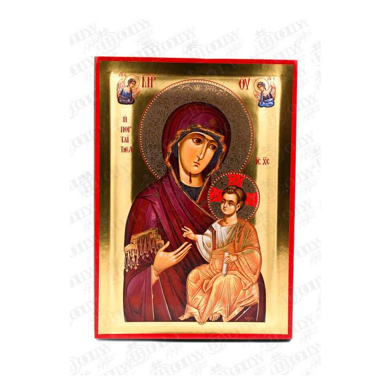 Virgin Mary icon Panagia Portaitissa, 22k Gold Canvas Hagiography Handmade Greek Orthodox icon of Our Lady Byzantine art wall hanging wood, religious plaque