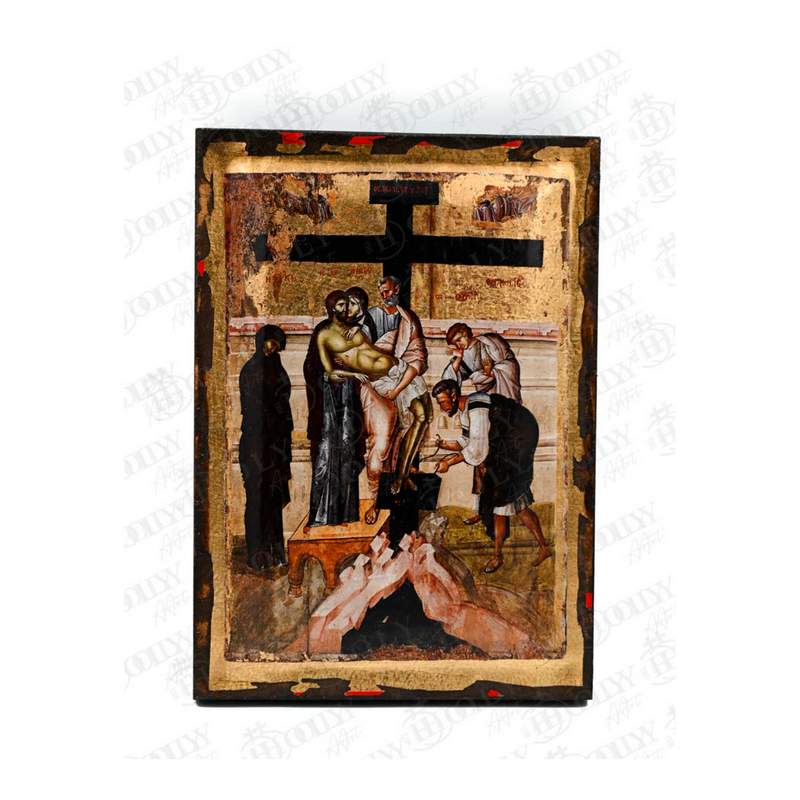 The Crucifixion of Christ Orthodox icon, gold-leaf serigraphy on canvas, with the Theotokos and Saint John