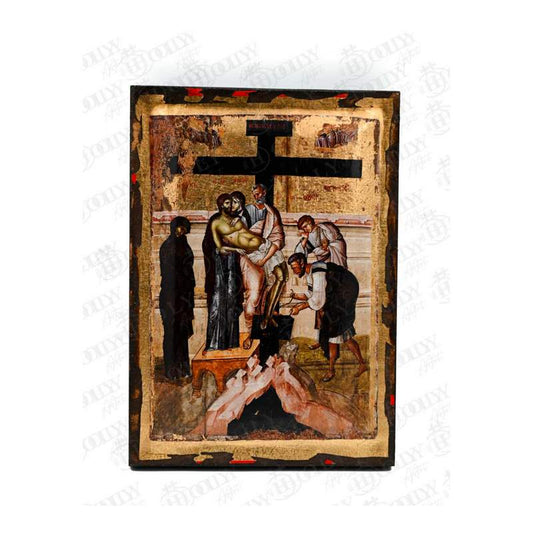 The Crucifixion of Christ Orthodox icon, gold-leaf serigraphy on canvas, with the Theotokos and Saint John