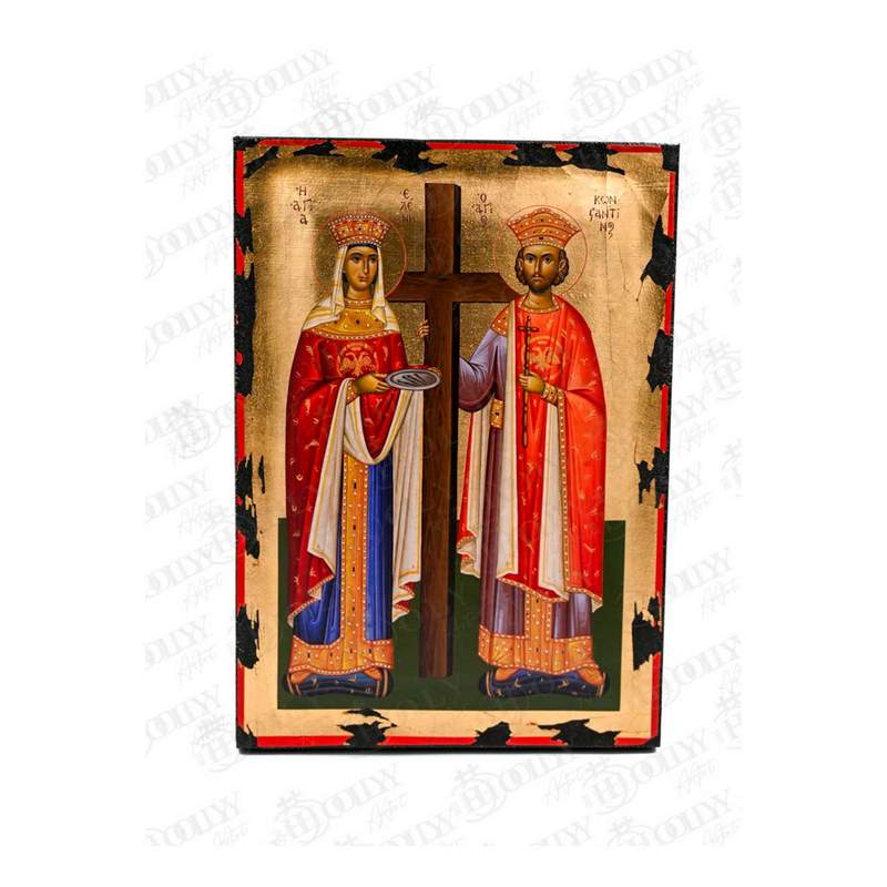 Saints Constantine and Helen Orthodox icon, gold-leaf serigraphy on canvas, crowned emperor and empress flanking the True Cross