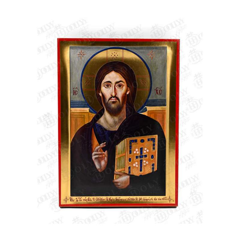 Jesus Christ of Sinai Orthodox icon, Pantocrator, gold-leaf serigraphy on canvas blessing with the Gospel