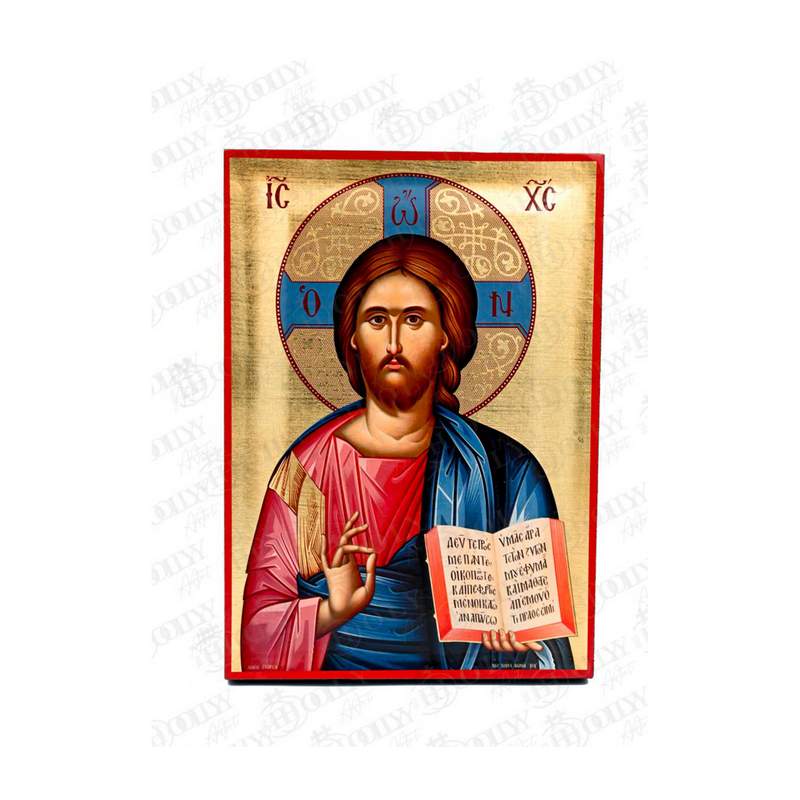 Jesus Christ Pantocrator Orthodox icon, gold-leaf serigraphy on canvas, blessing and holding the open Gospel