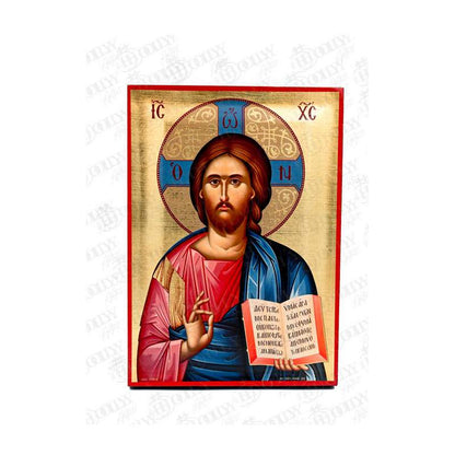 Jesus Christ Pantocrator Orthodox icon, gold-leaf serigraphy on canvas, blessing and holding the open Gospel
