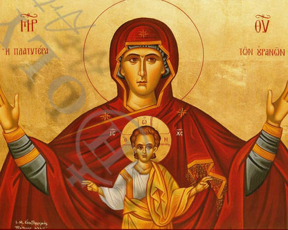 Virgin Mary icon Panagia Platytera, Handmade Greek Orthodox Icon, Mother of God Byzantine art, Theotokos wall hanging wood plaque (Copy) - TheHolyArt