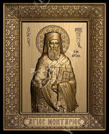 Saint Nectarios icon, Handmade Hand Carved Wooden Greek Orthodox icon of St Nektarios, Byzantine art wall hanging on wood plaque icon, religious decor - TheHolyArt