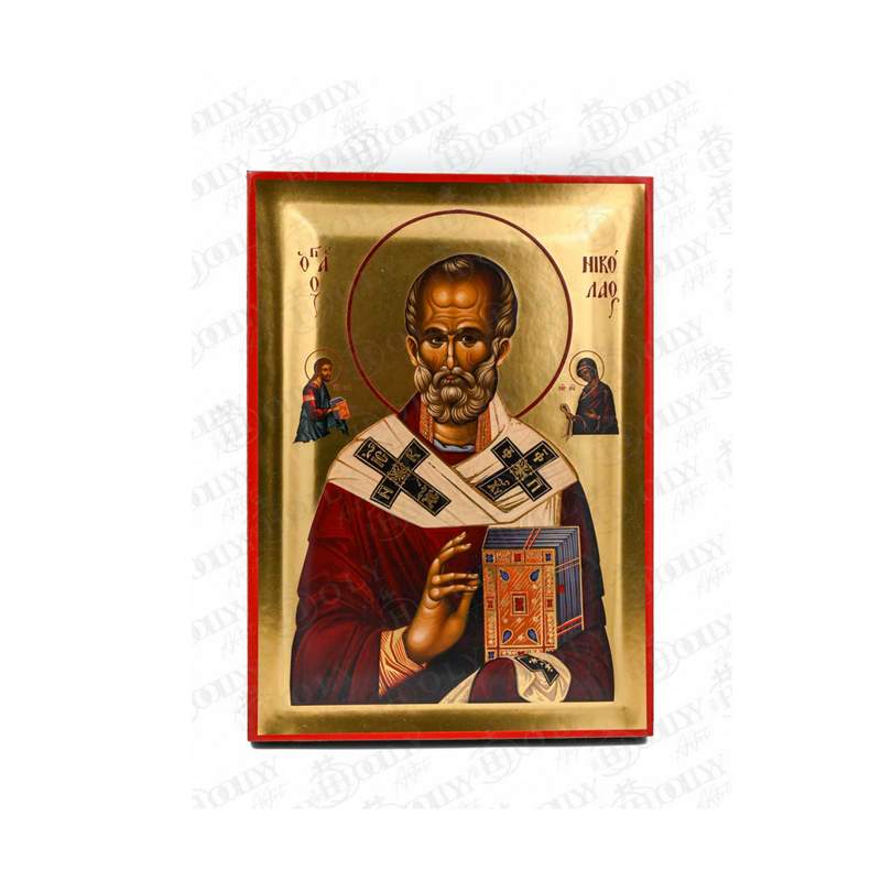 Saint Nicholas the Wonderworker Orthodox icon, gold-leaf serigraphy on canvas, Archbishop of Myra with Christ and the Theotokos