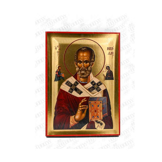 Saint Nicholas the Wonderworker Orthodox icon, gold-leaf serigraphy on canvas, Archbishop of Myra with Christ and the Theotokos