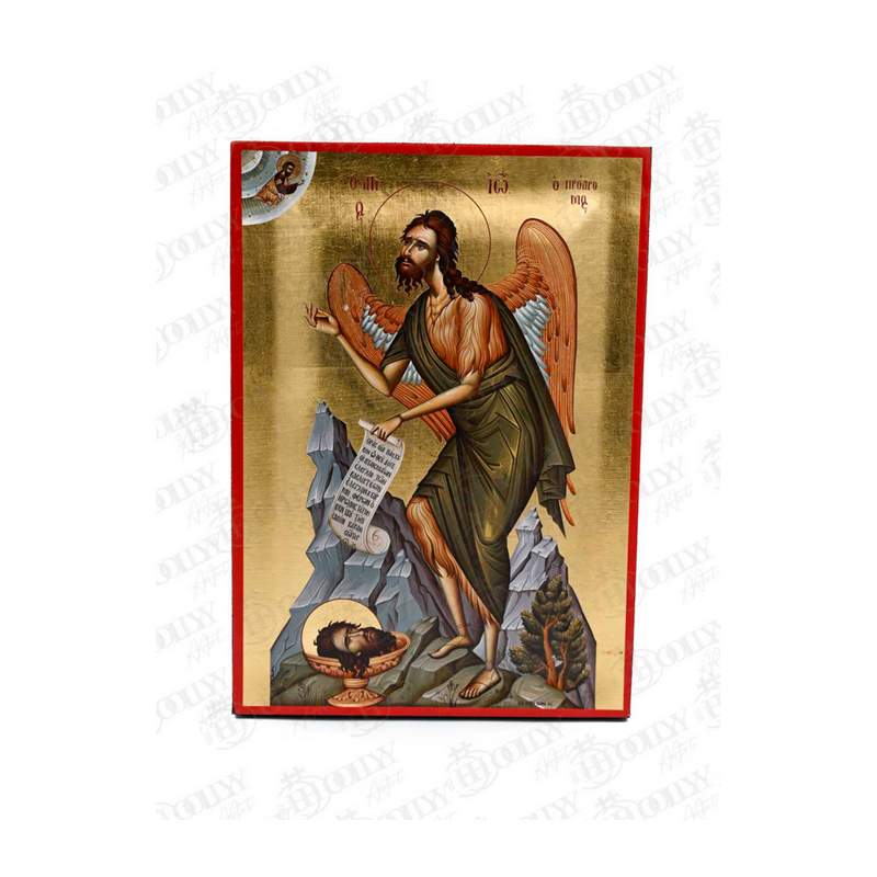 Saint John the Baptist Orthodox icon, the Forerunner, gold-leaf serigraphy on canvas, winged with a scroll