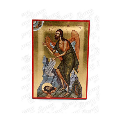 Saint John the Baptist Orthodox icon, the Forerunner, gold-leaf serigraphy on canvas, winged with a scroll