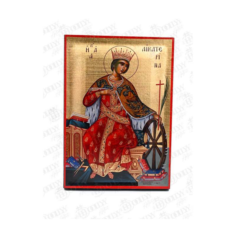 Saint Catherine of Sinai Orthodox icon, gold-leaf serigraphy on canvas, crowned Great Martyr holding the wheel