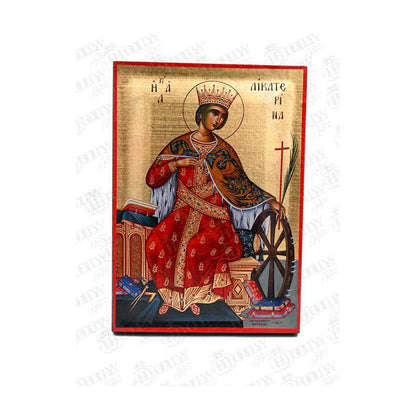 Saint Catherine of Sinai Orthodox icon, gold-leaf serigraphy on canvas, crowned Great Martyr holding the wheel