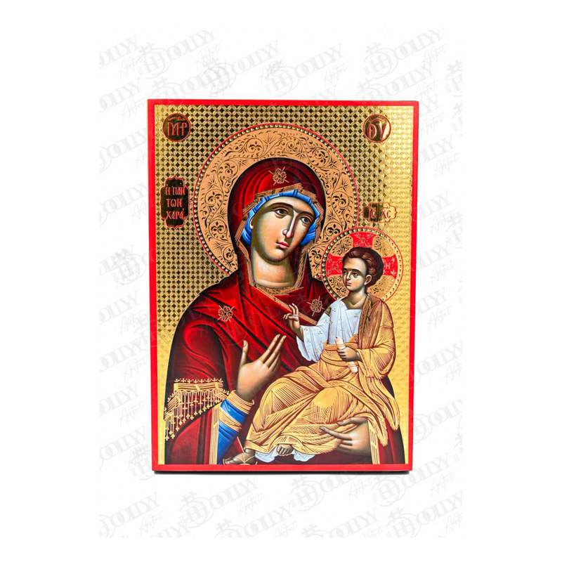 Panagia Panton Chara Orthodox icon, gold-ground serigraphy on canvas, the Theotokos with the Christ-child on an ornate gold pattern