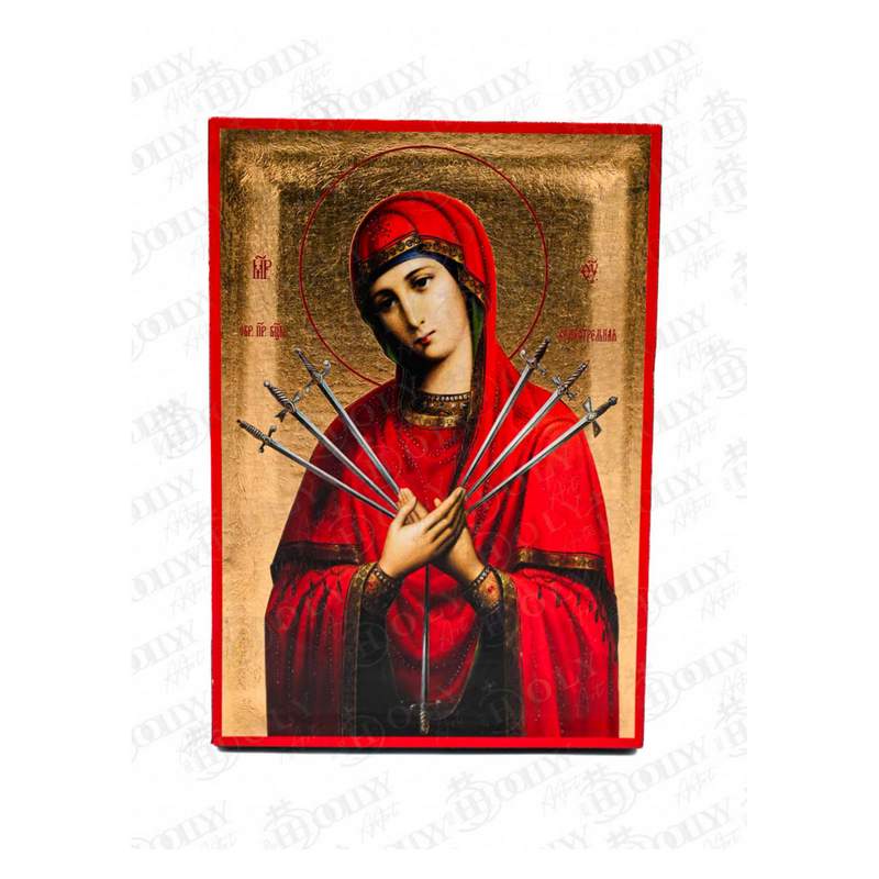 Panagia of the Seven Swords Orthodox icon, Softening of Evil Hearts, gold-leaf serigraphy on canvas, Virgin pierced by seven swords