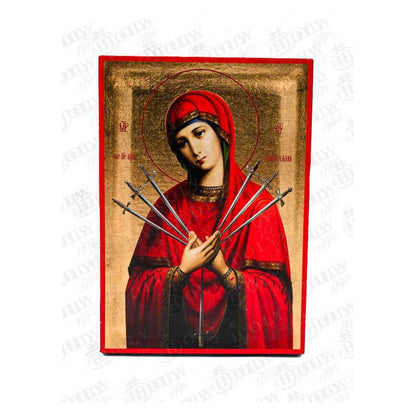 Panagia of the Seven Swords Orthodox icon, Softening of Evil Hearts, gold-leaf serigraphy on canvas, Virgin pierced by seven swords