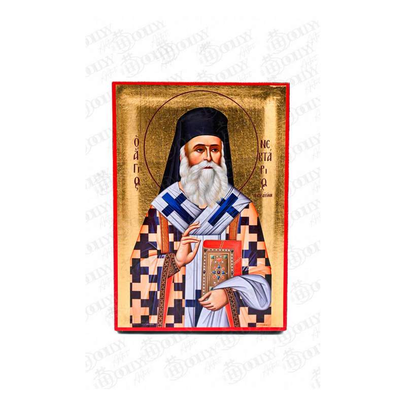Saint Nectarios of Aegina Orthodox icon, gold-leaf serigraphy on canvas, bishop and wonderworker blessing
