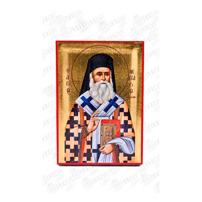 Saint Nectarios of Aegina Orthodox icon, gold-leaf serigraphy on canvas, bishop and wonderworker blessing