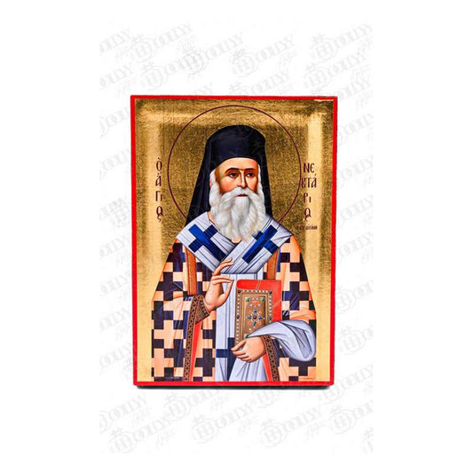 Saint Nectarios of Aegina Orthodox icon, gold-leaf serigraphy on canvas, bishop and wonderworker blessing