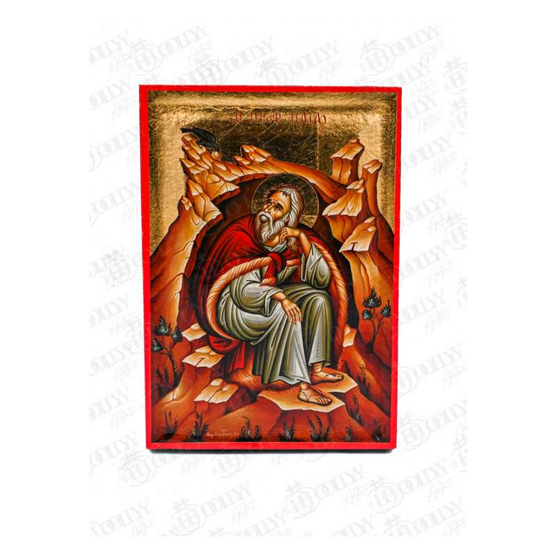 Prophet Elijah Orthodox icon, gold-leaf serigraphy on canvas, in the wilderness fed by the raven before his cave