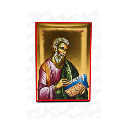 Saint Matthew the Evangelist Orthodox icon, gold-leaf serigraphy on canvas, writing his Gospel with the winged man