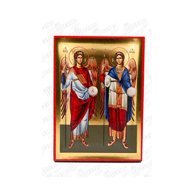 Archangels Michael and Gabriel Orthodox icon, gold-leaf serigraphy on canvas, two archangels with staffs and orbs of Christ